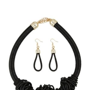 Metallic Coil Cord Black Necklace and Earring Set