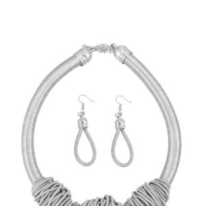 Metallic Coil Cord Silver Necklace and Earring Set