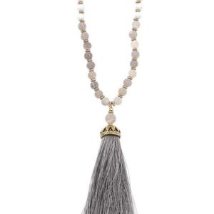 Gray Bead Tassel Necklace