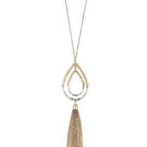 Elongated Teardrop White Bead Tassel Pendant