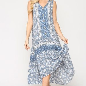 Floral Print Blue Maxi Dress